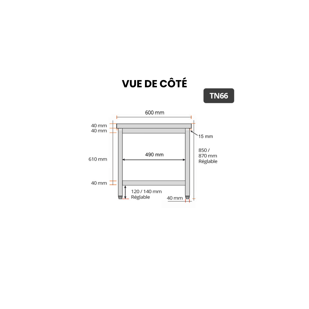 Table de travail en inox 600 x 600 mm PREMIUM / GOLDINOX