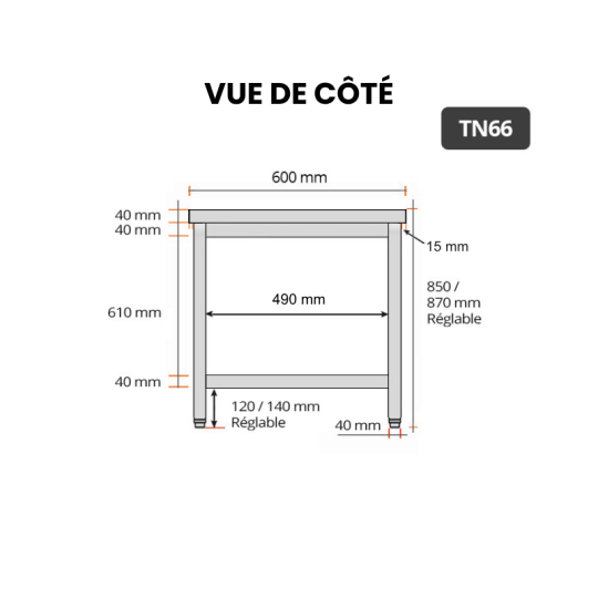 Table de travail en inox 600 x 600 mm IDEAL / GOLDINOX
