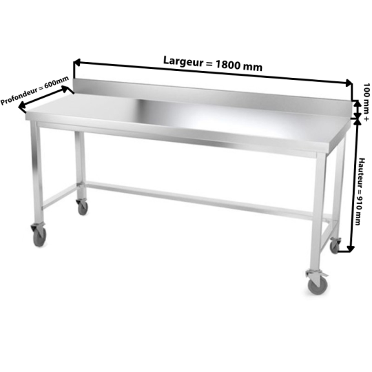 Table inox 1800 x 600 mm adossée avec renfort sur roulettes / GOLDINOX Table inox 1800 x 600 mm adossée avec renfort sur roulettes / GOLDINOX