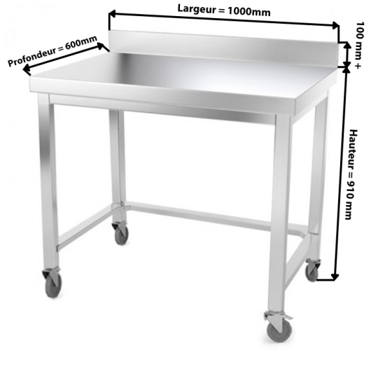 Table inox 1000 x 600 mm adossée avec renfort sur roulettes / GOLDINOX