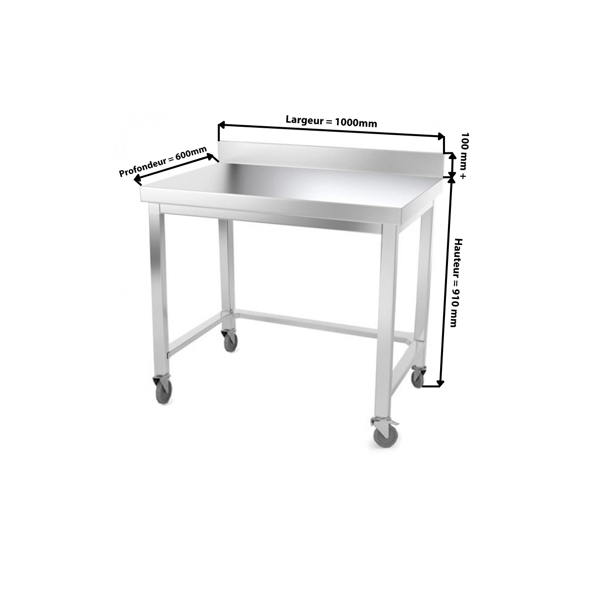 Table inox 1000 x 600 mm adossée avec renfort sur roulettes / GOLDINOX