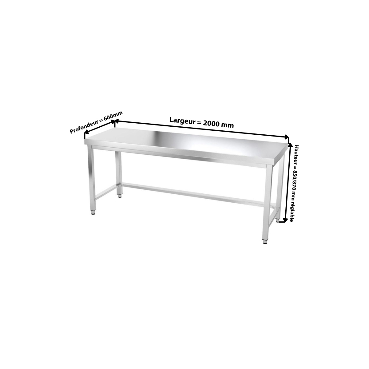 Table inox 2000 x 600 mm avec renfort PREMIUM / GOLDINOX