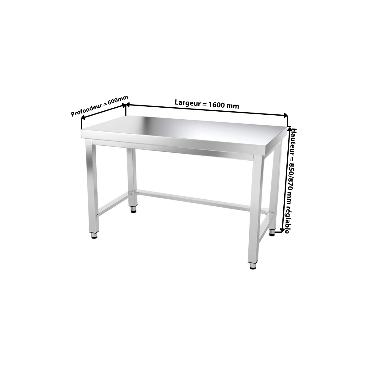 Table inox 1600 x 600 mm avec renfort PREMIUM / GOLDINOX