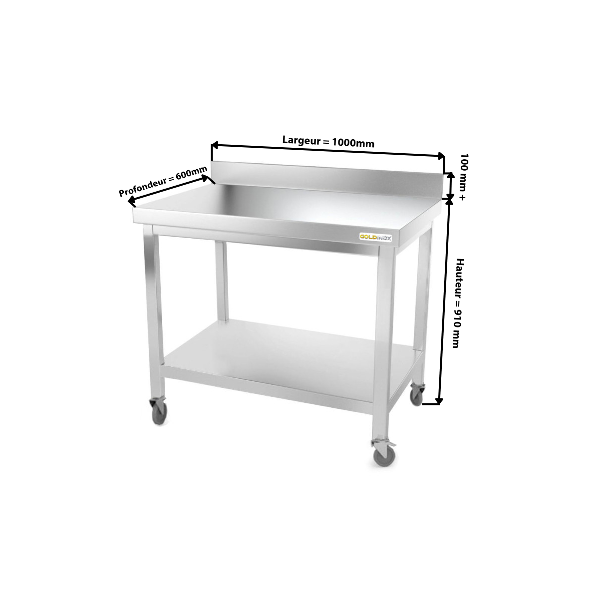 Table inox 1000 x 600 mm adossée sur roulettes PREMIUM / GOLDINOX