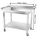 Table inox 1200 x 600 mm adossée sur roulettes PREMIUM / GOLDINOX