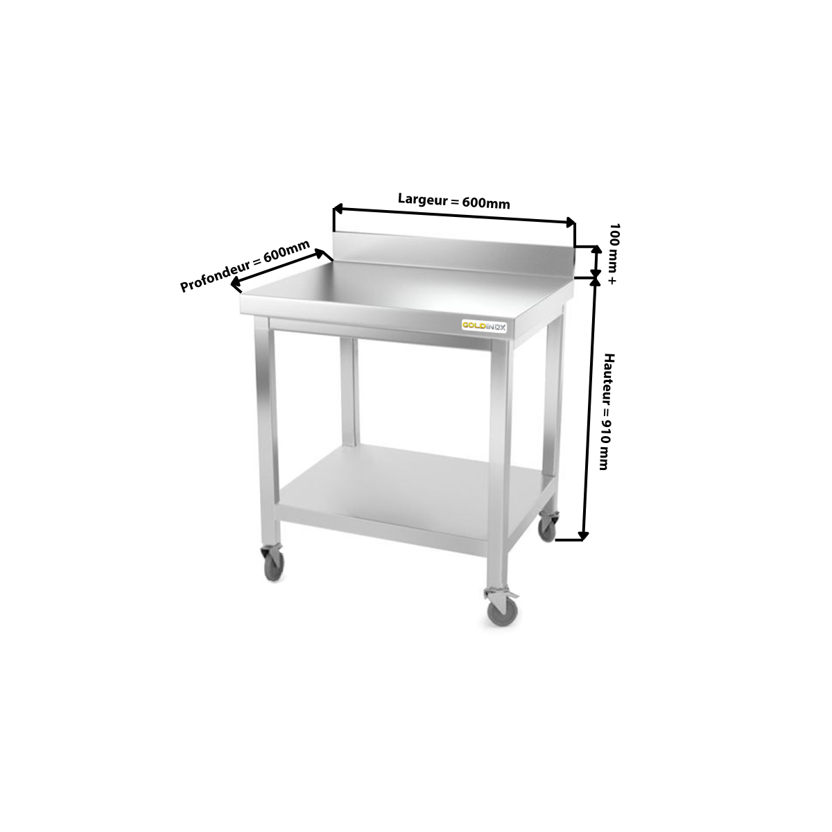 Table inox 600 x 600 mm adossée sur roulettes PREMIUM / GOLDINOX