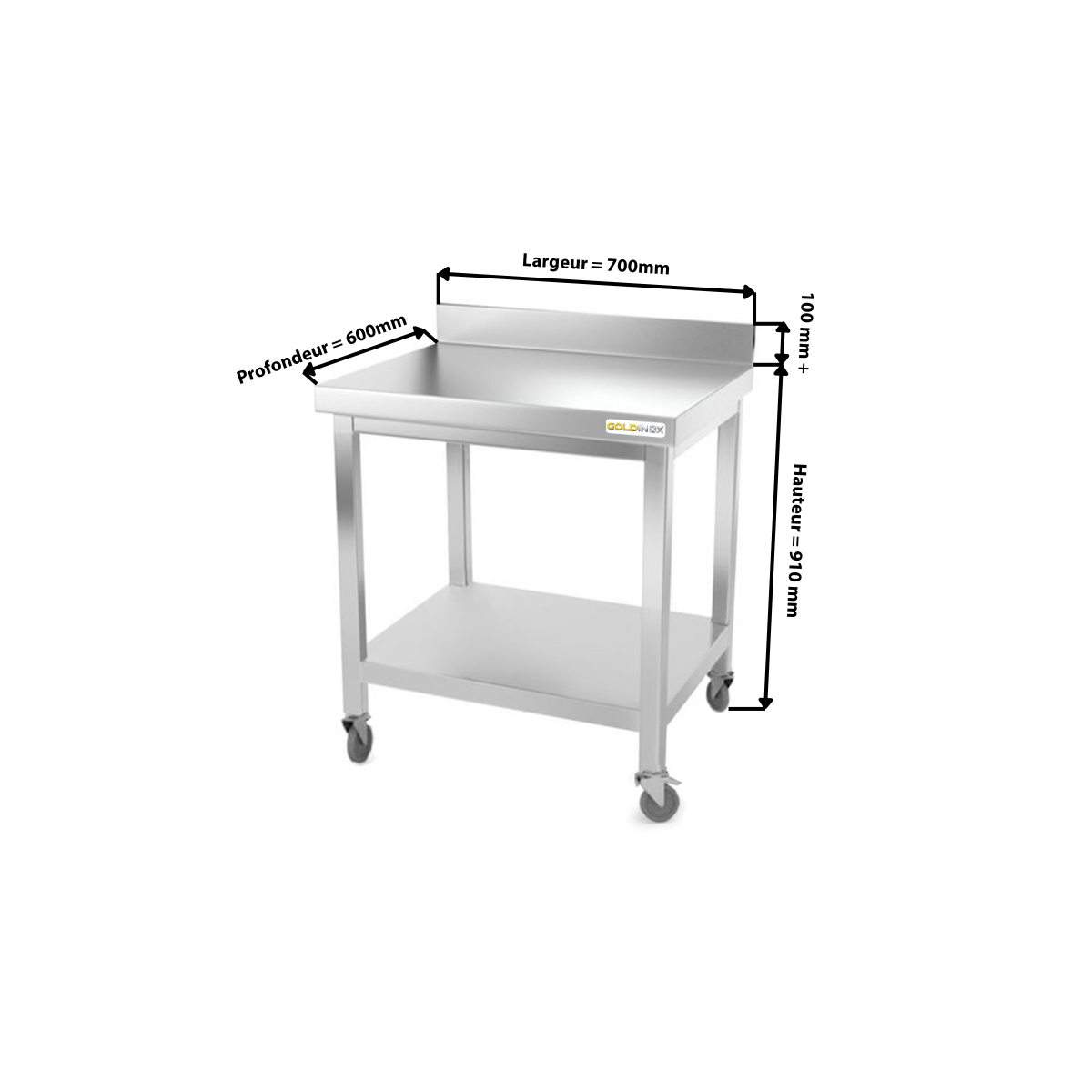 Table inox 700 x 600 mm adossée sur roulettes PREMIUM / GOLDINOX