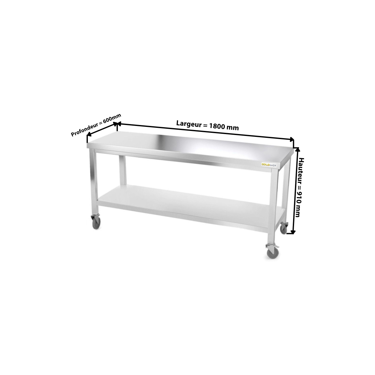 Table inox 2000 x 600 mm sur roulettes PREMIUM / GOLDINOX
