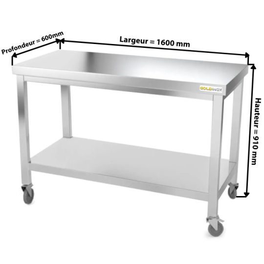 Table inox 1600 x 600 mm sur roulettes PREMIUM / GOLDINOX