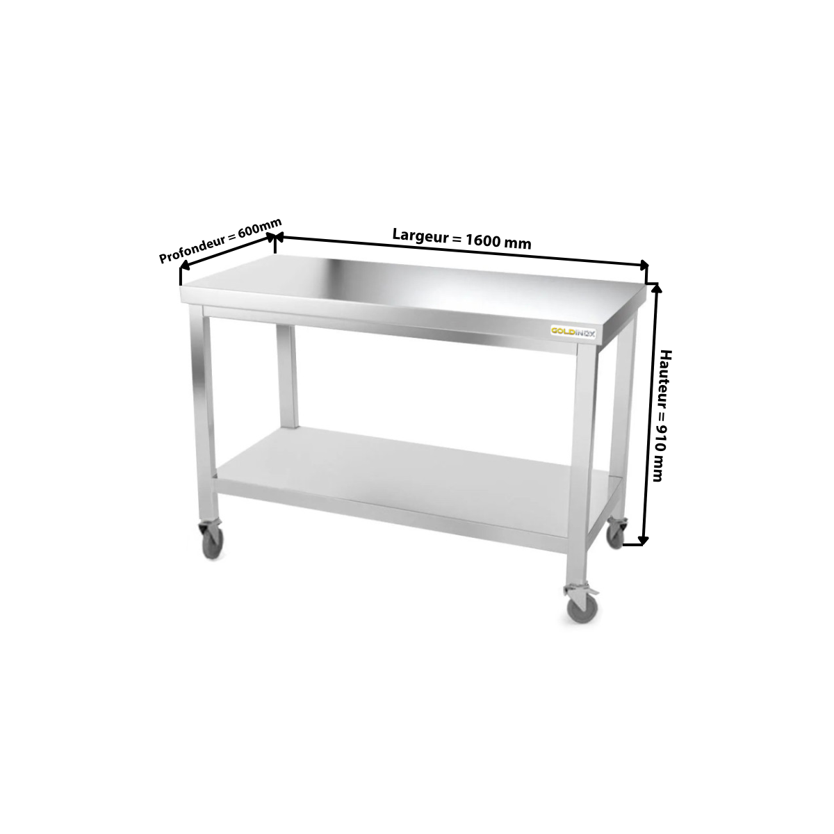 Table inox 1600 x 600 mm sur roulettes PREMIUM / GOLDINOX