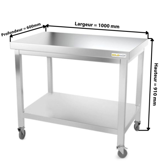 Table inox 1000 x 600 mm sur roulettes PREMIUM / GOLDINOX