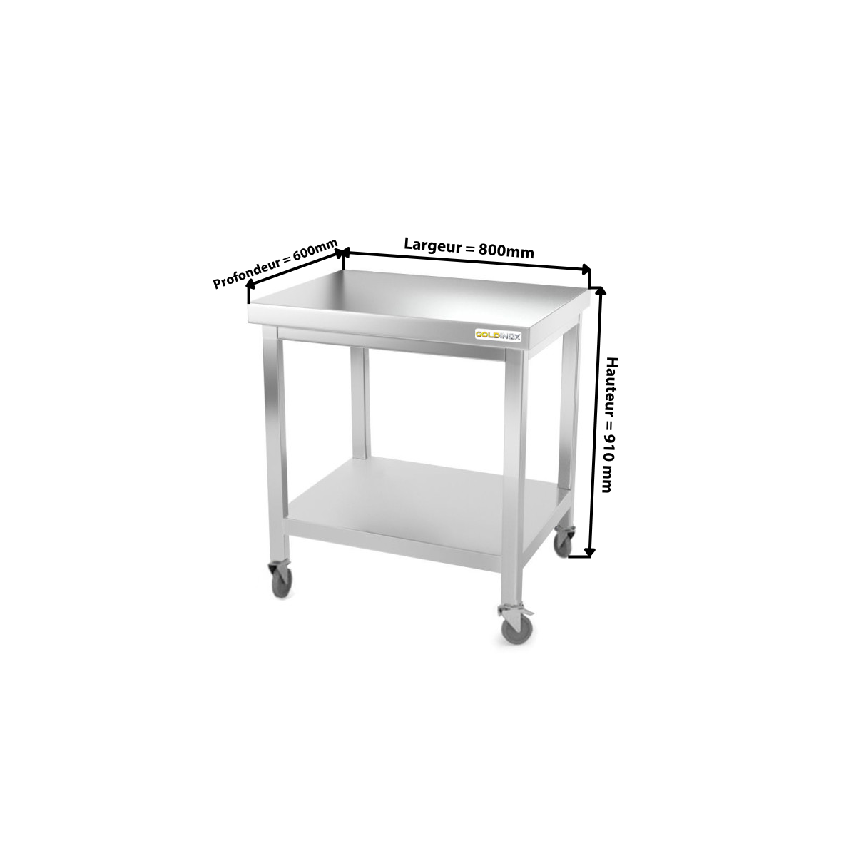 Table inox 600 x 600 mm sur roulettes PREMIUM / GOLDINOX
