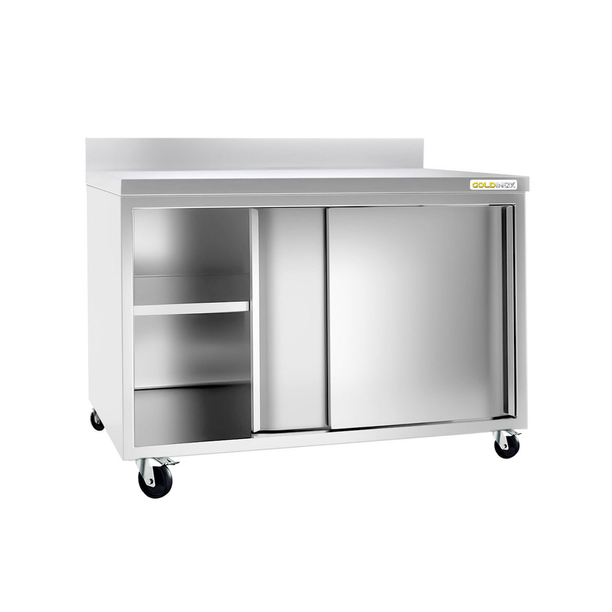 Meuble bas inox 2000 x 600 mm adossé sur roulettes PREMIUM / GOLDINOX