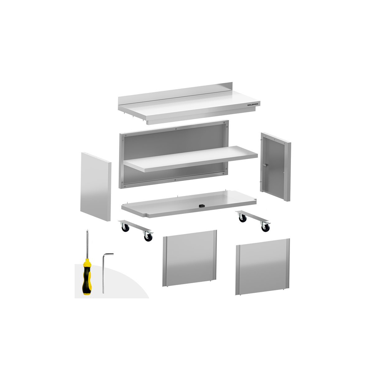 Meuble bas inox 2000 x 600 mm adossé sur roulettes PREMIUM / GOLDINOX