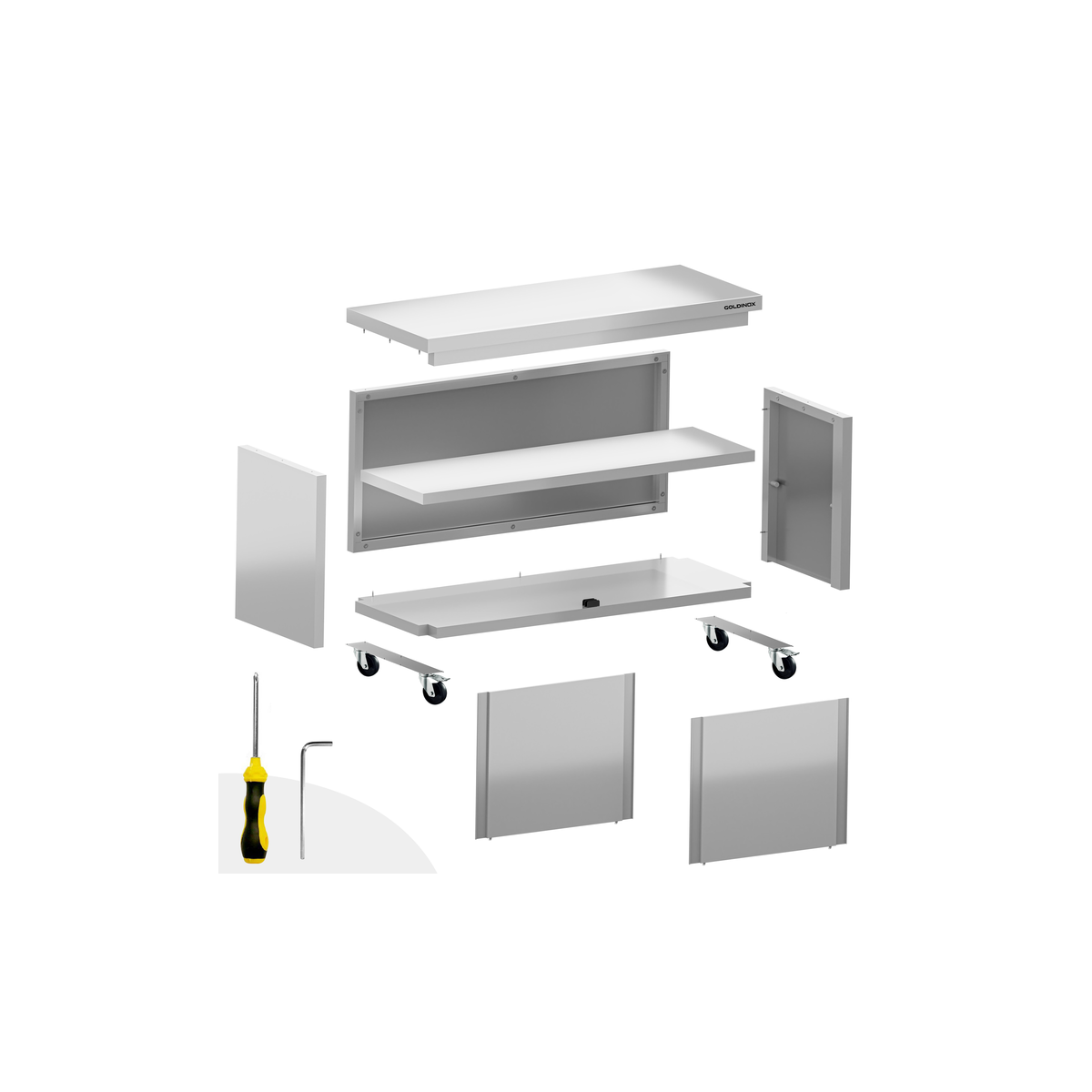 Meuble bas inox 2000 x 600 mm sur roulettes PREMIUM / GOLDINOX