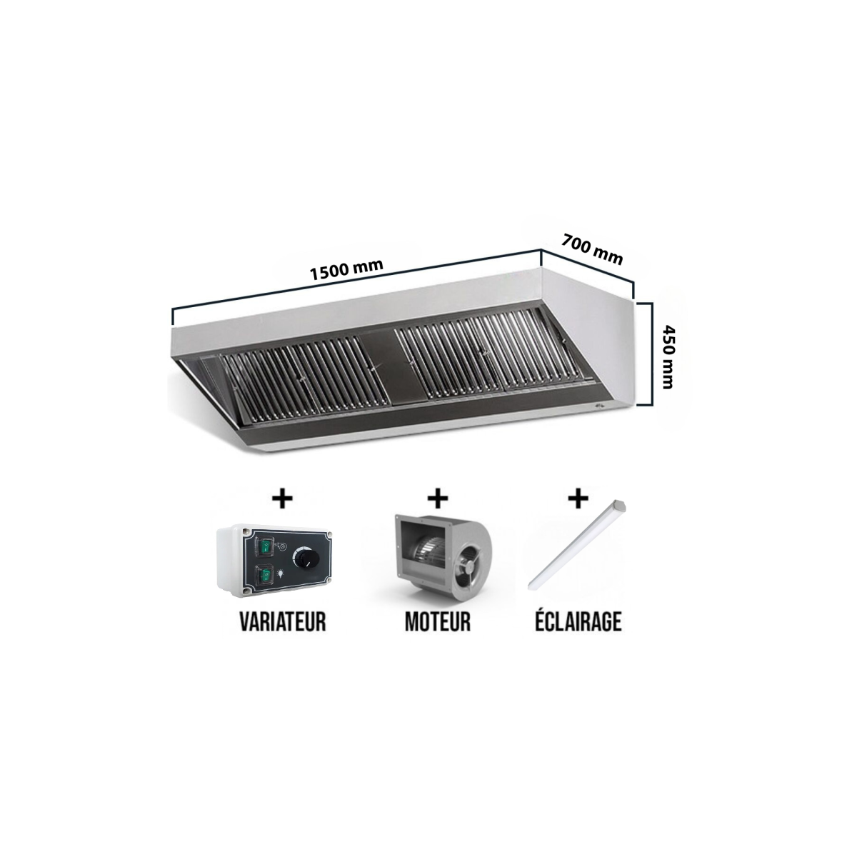 Hotte murale avec moteur 1500 x 700 x 450 mm avec variateur, éclairage, filtre et robinet de vidange PREMIUM / GOLDINOX