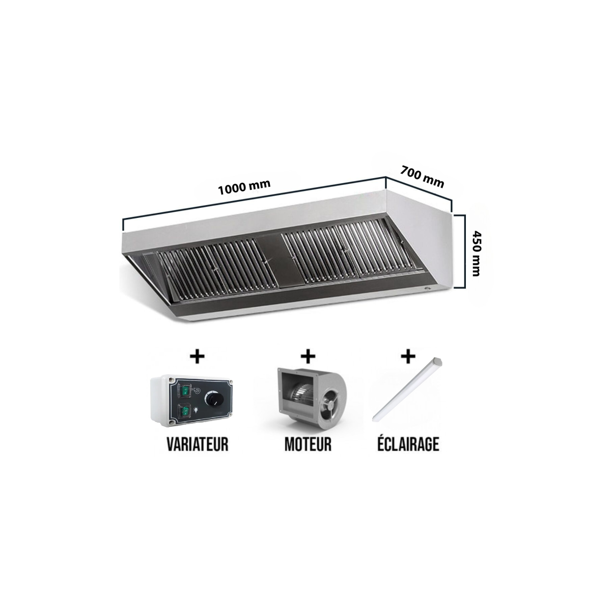 Hotte murale avec moteur 1000 x 700 x 450 mm avec variateur, éclairage, filtre et robinet de vidange PREMIUM / GOLDINOX