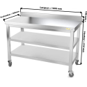 Table inox 1600 x 600 mm adossée avec 2 étagères sur roulettes / GOLDINOX