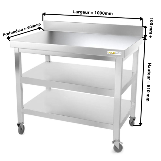 Table inox 1000 x 600 mm adossée avec 2 étagères sur roulettes / GOLDINOX