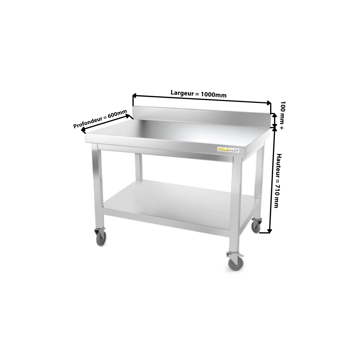 Table inox soubassement 1000 x 600 mm adossée sur roulettes / GOLDINOX 
