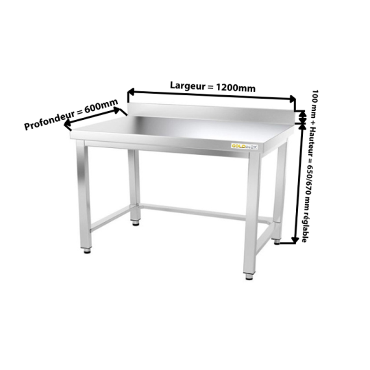 Table inox soubassement 1200 x 600 mm adossée avec renfort / GOLDINOX 