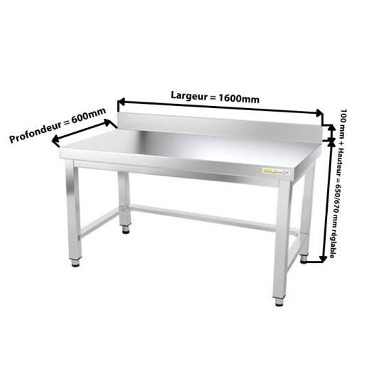 Table inox soubassement 1600 x 600 mm adossée avec renfort / GOLDINOX 