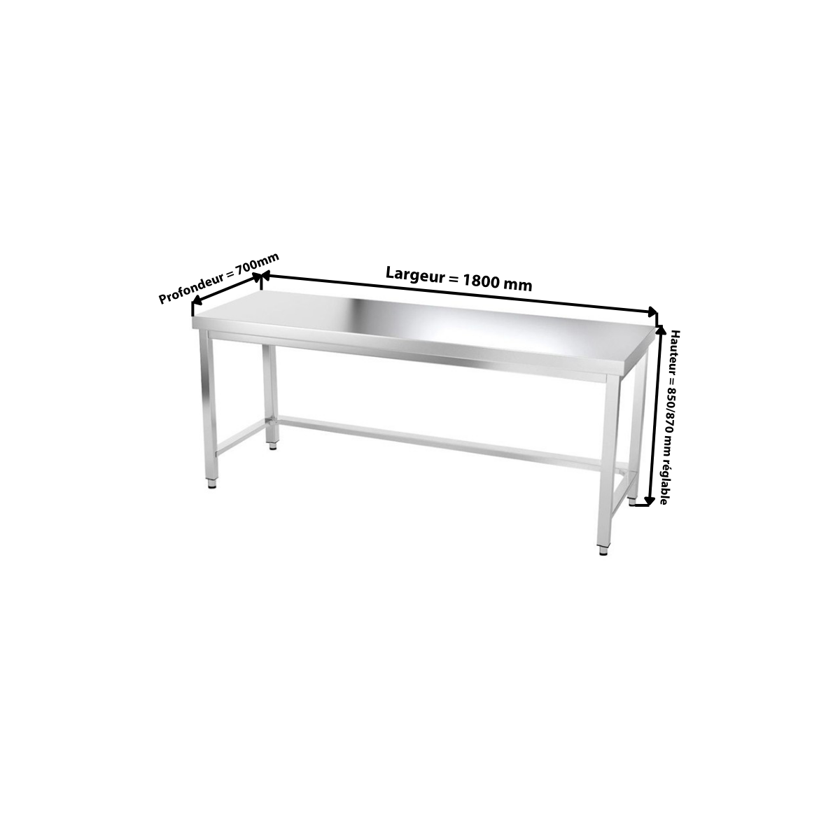 Table inox 1800 x 700 mm avec renfort / GOLDINOX