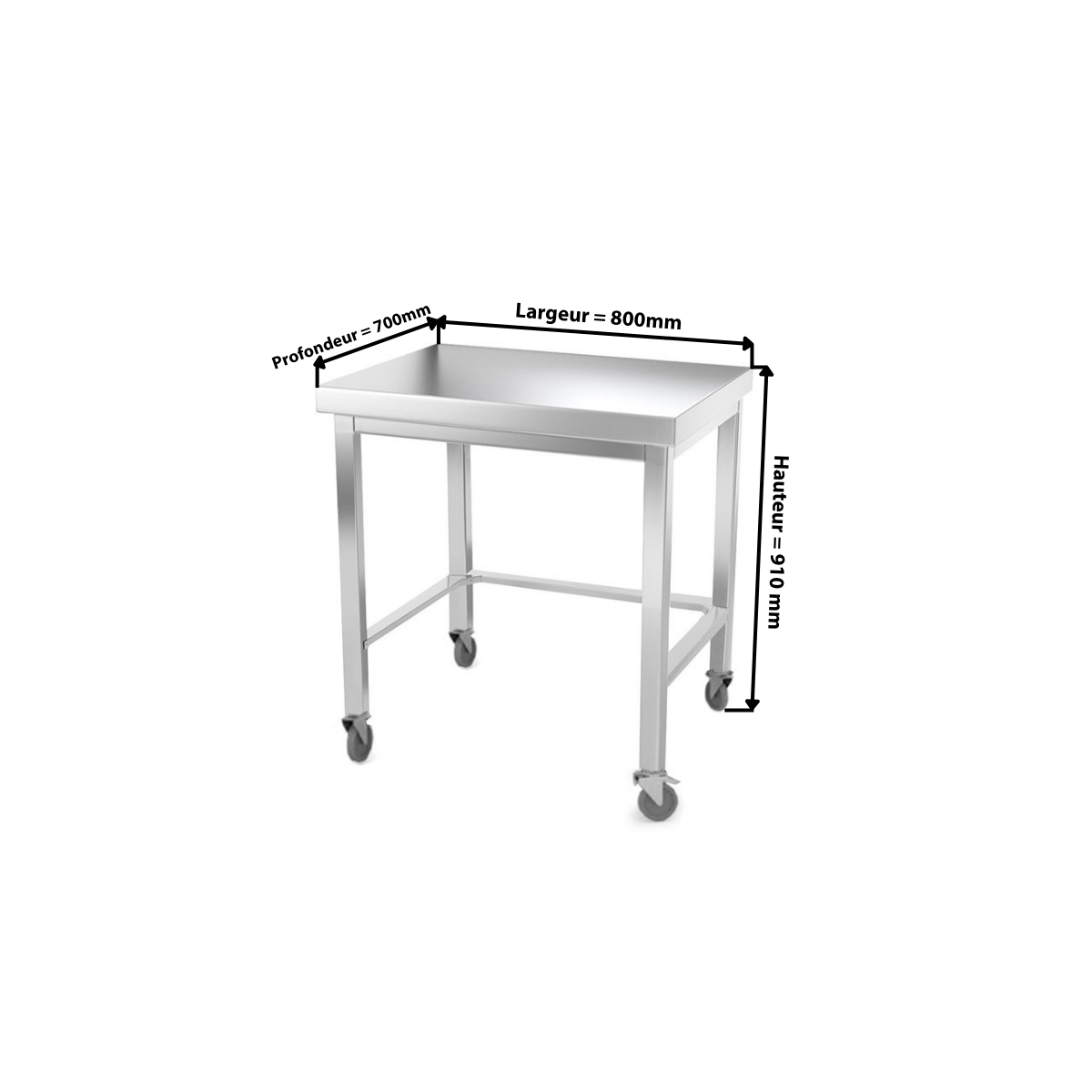 Table inox 800 x 700 mm avec renfort sur roulettes / GOLDINOX