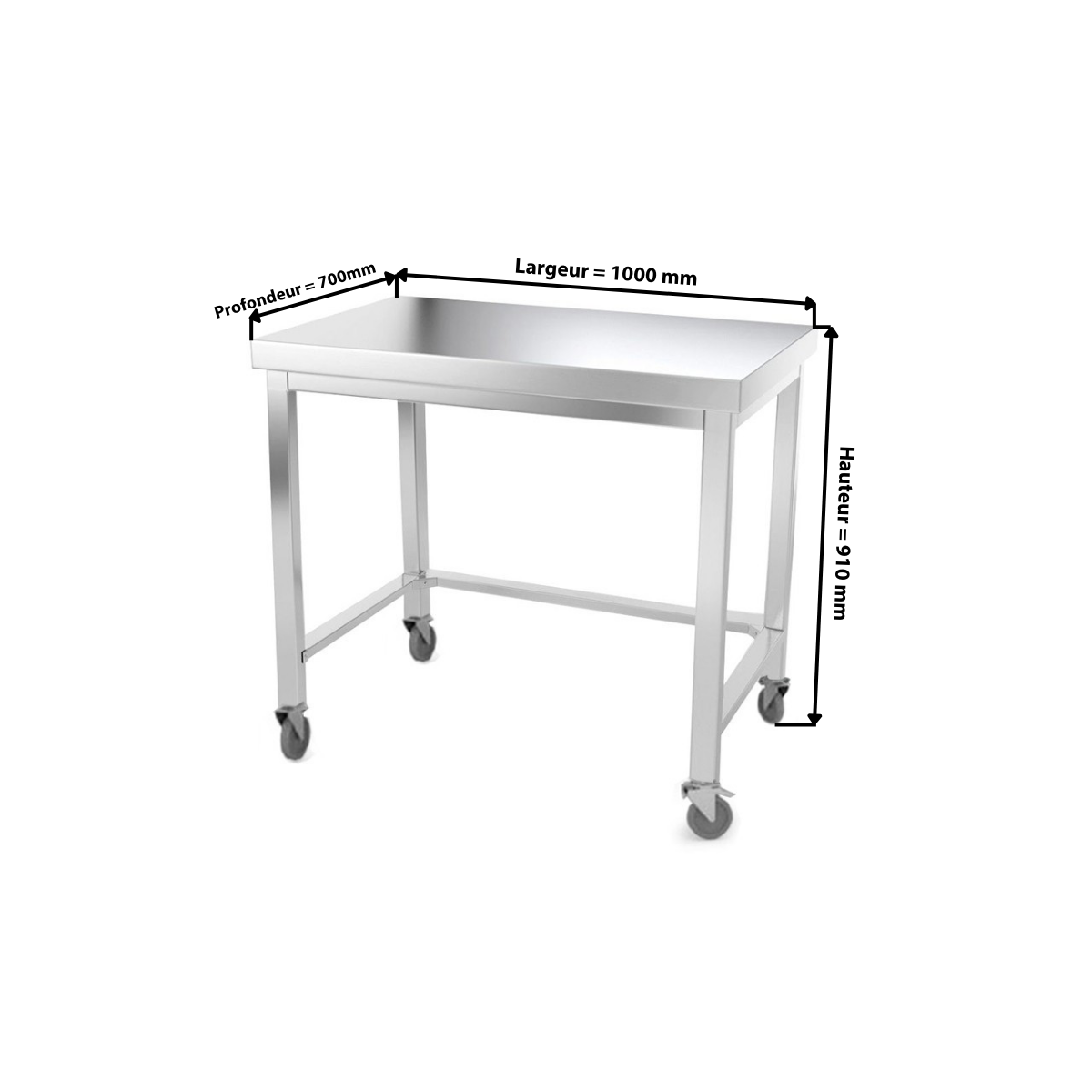Table inox 1000 x 700 mm avec renfort sur roulettes / GOLDINOX