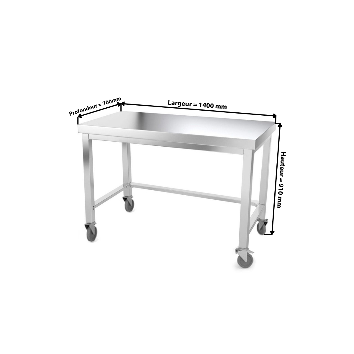 Table inox 1400 x 700 mm avec renfort sur roulettes / GOLDINOX