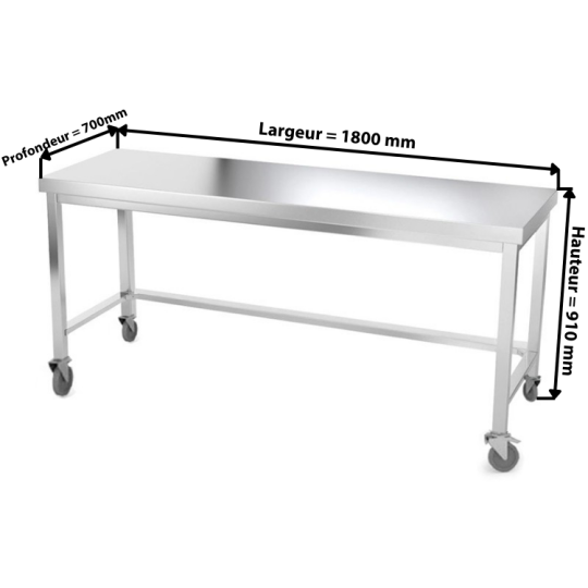 Table inox 1800 x 700 mm avec renfort sur roulettes / GOLDINOX