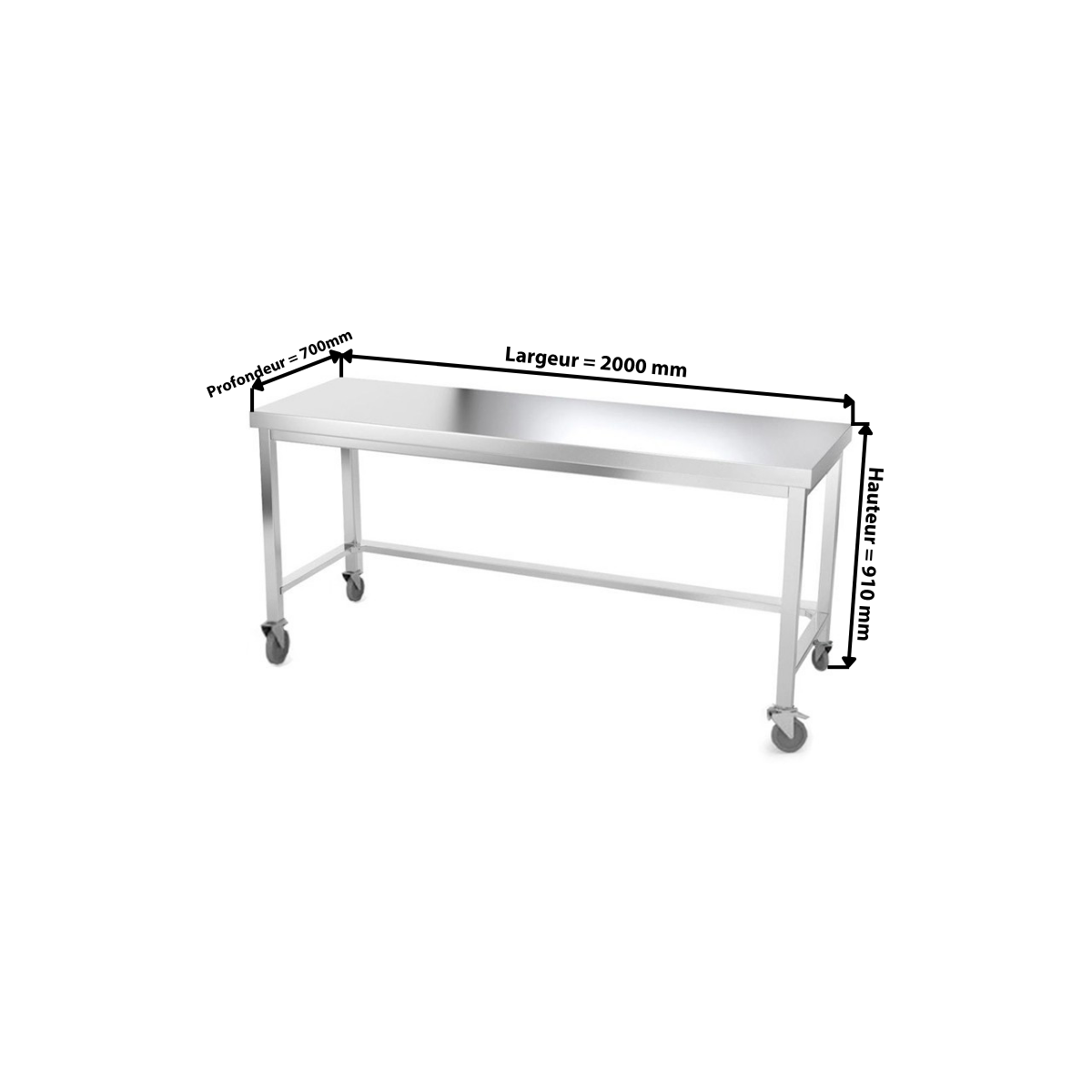 Table inox 2000 x 700 mm avec renfort sur roulettes / GOLDINOX