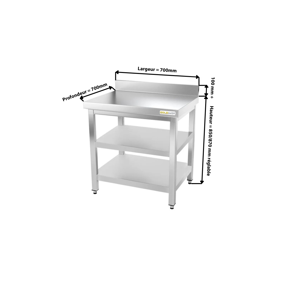 Table inox 700 x 700 mm adossée avec 2 étagères / GOLDINOX