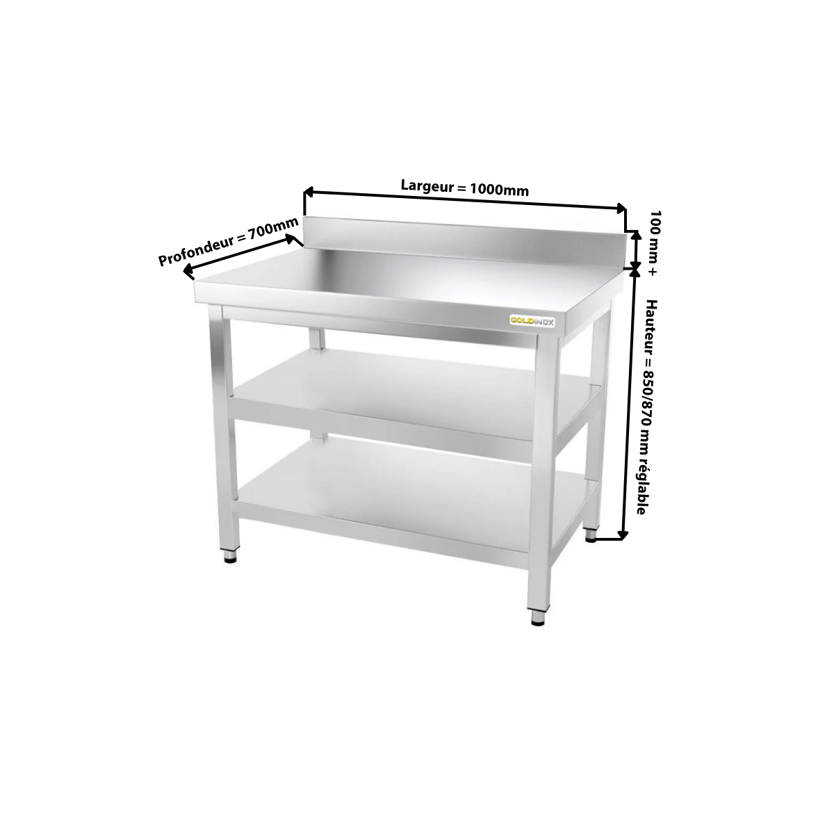 Table inox 1000 x 700 mm adossée avec 2 étagères / GOLDINOX
