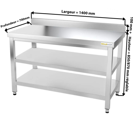 Table inox 1400 x 700 mm adossée avec 2 étagères / GOLDINOX