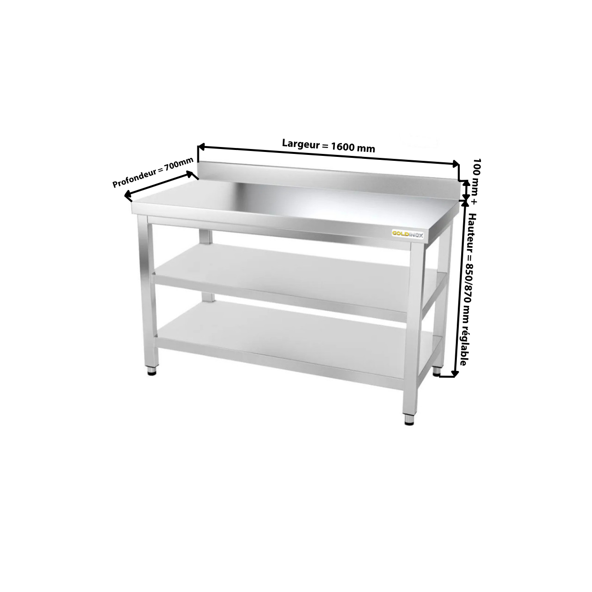 Table inox 1600 x 700 mm adossée avec 2 étagères / GOLDINOX