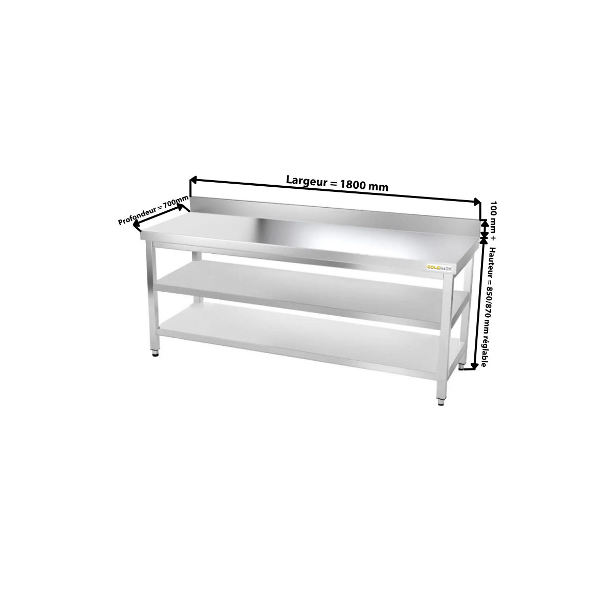 Table inox 1800 x 700 mm adossée avec 2 étagères / GOLDINOX