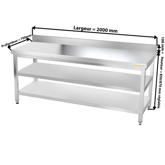 Table inox 2000 x 700 mm adossée avec 2 étagères / GOLDINOX