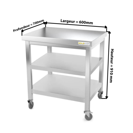 Table inox 600 x 700 mm avec 2 étagères sur roulettes / GOLDINOX