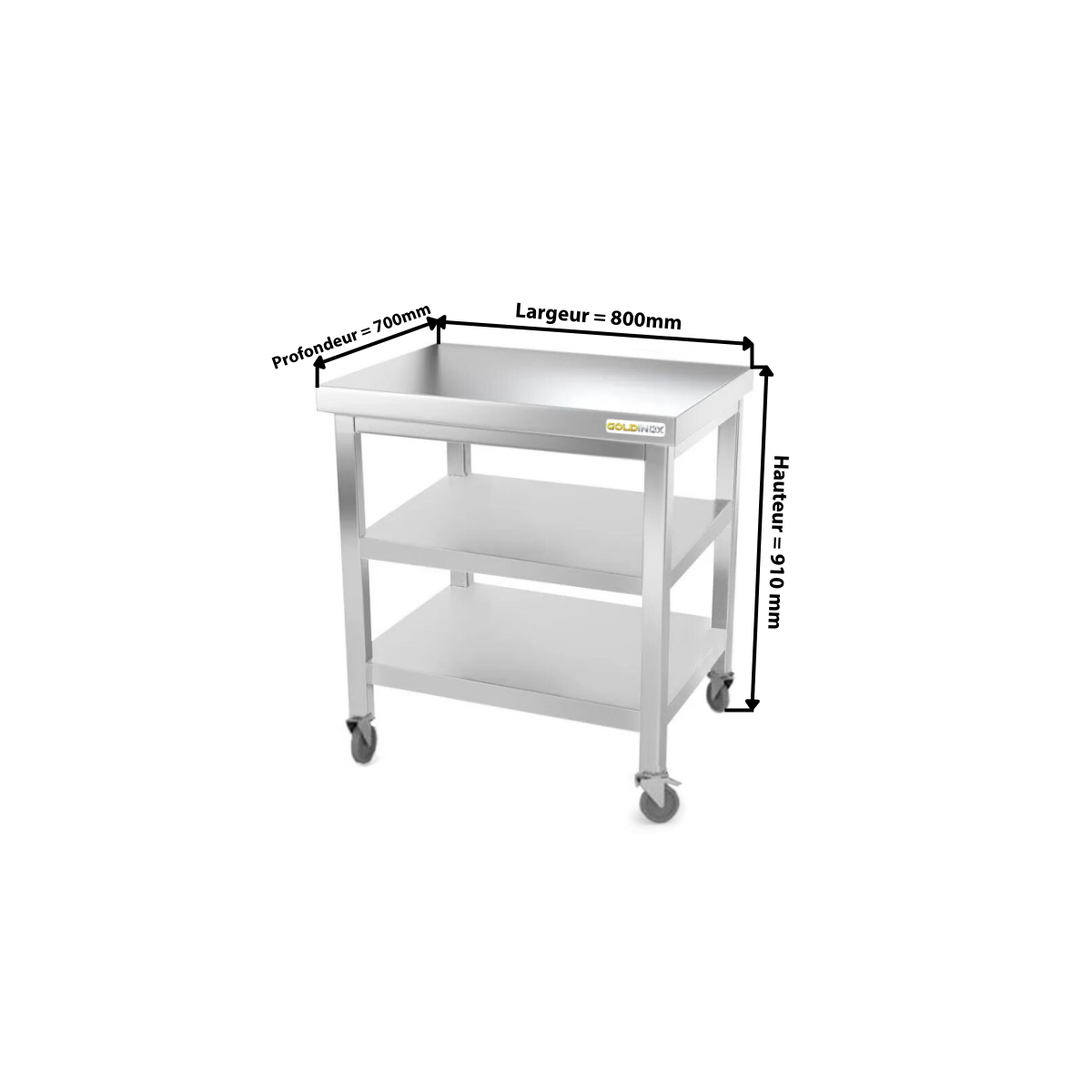 Table inox 800 x 700 mm avec 2 étagères sur roulettes / GOLDINOX