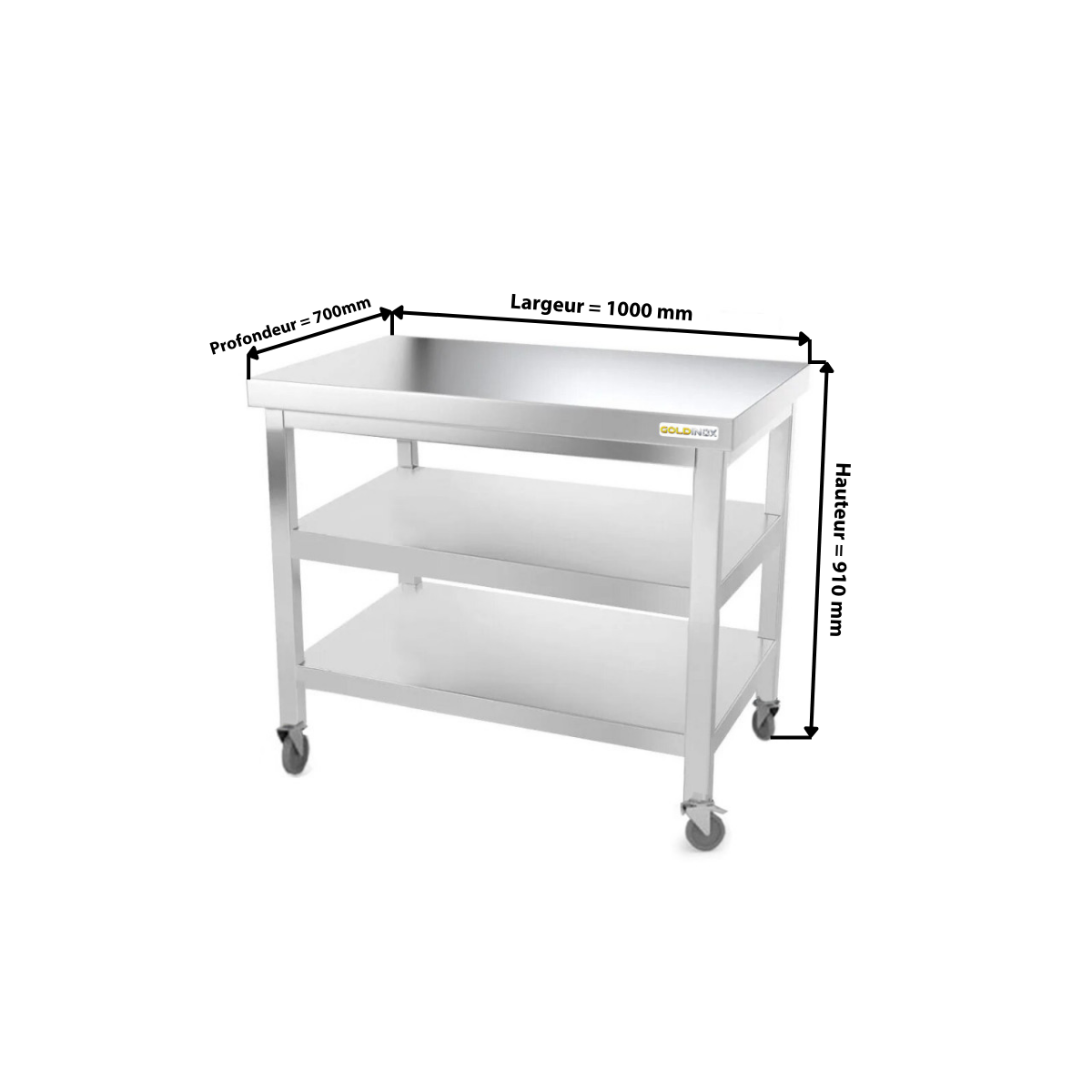 Table inox 1000 x 700 mm avec 2 étagères sur roulettes / GOLDINOX
