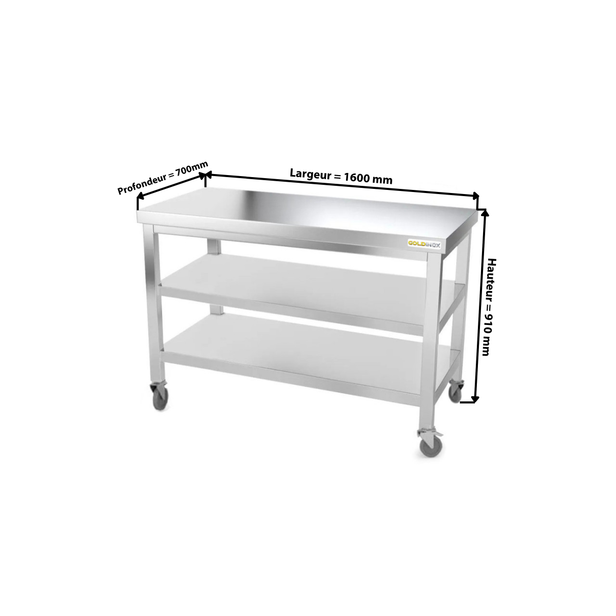 Table inox 1600 x 700 mm avec 2 étagères sur roulettes / GOLDINOX