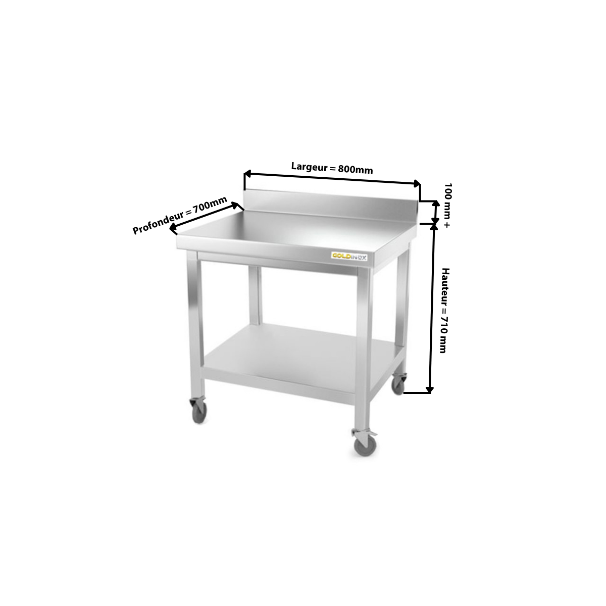 Table inox soubassement 800 x 700 mm adossée sur roulettes / GOLDINOX 