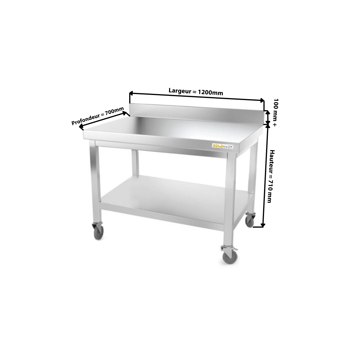 Table inox soubassement 1200 x 700 mm adossée sur roulettes / GOLDINOX 