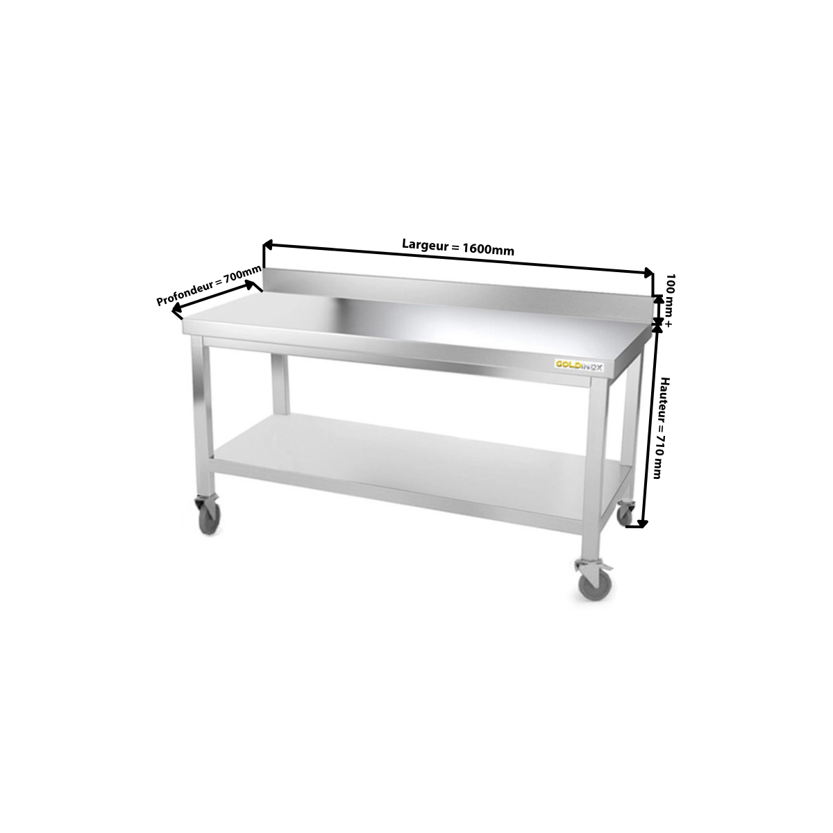 Table inox soubassement 1600 x 700 mm adossée sur roulettes / GOLDINOX 
