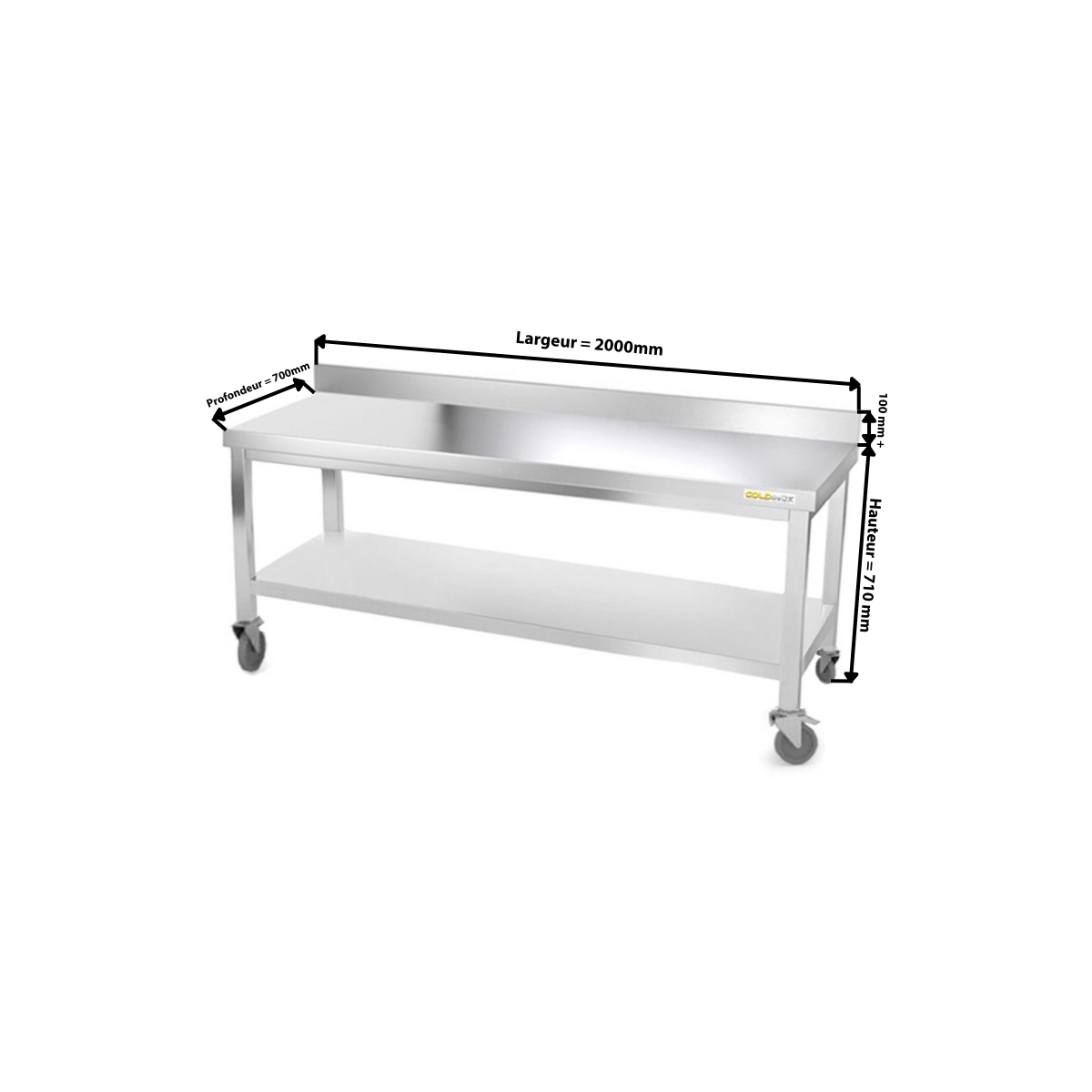 Table inox soubassement 2000 x 700 mm adossée sur roulettes / GOLDINOX 