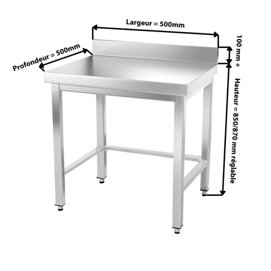 Table inox 500 x 500 mm adossée avec renfort / GOLDINOX