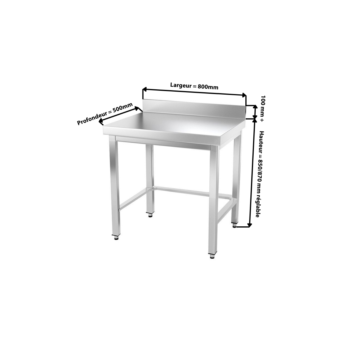 Table inox 800 x 500 mm adossée avec renfort / GOLDINOX