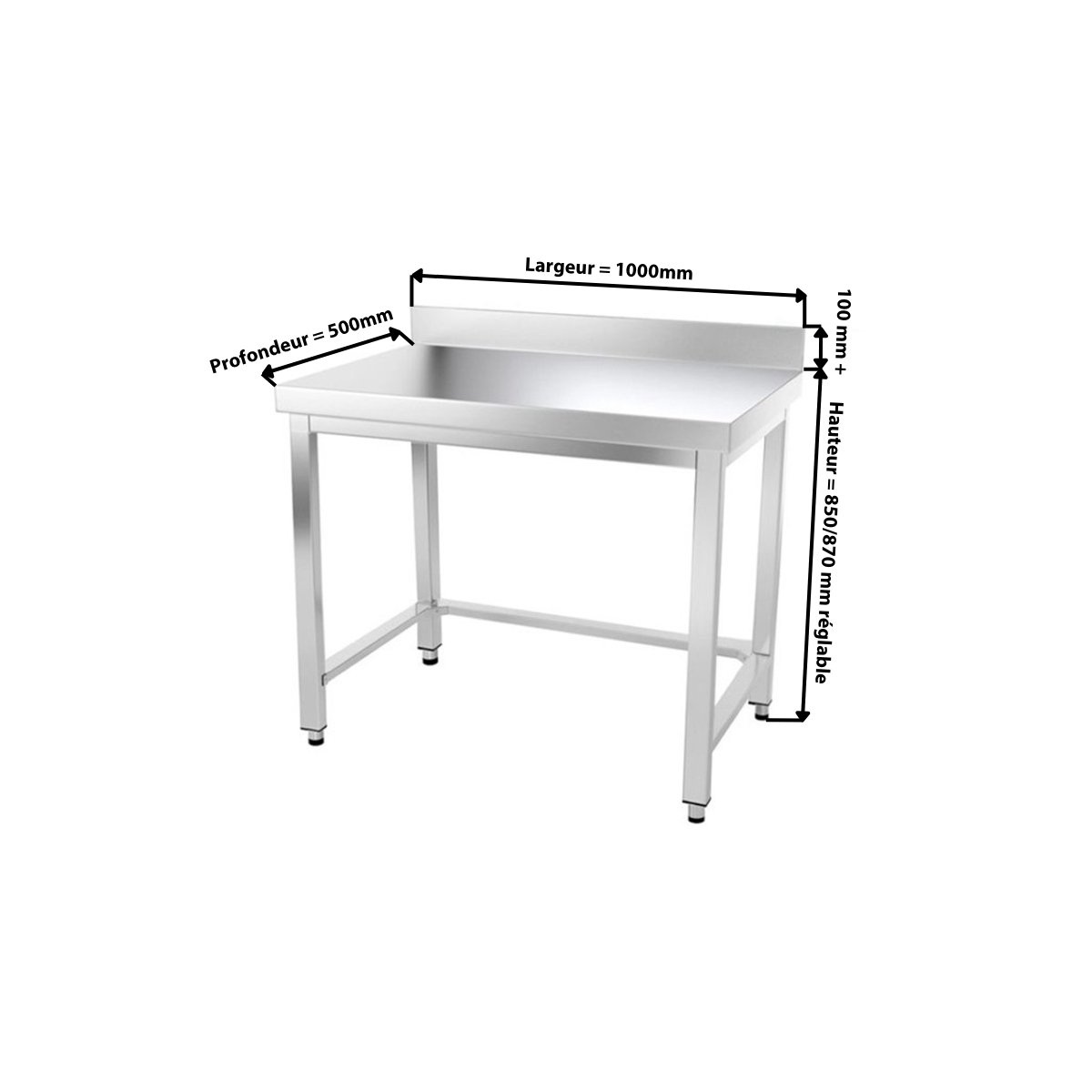 Table inox 1000 x 500 mm adossée avec renfort / GOLDINOX