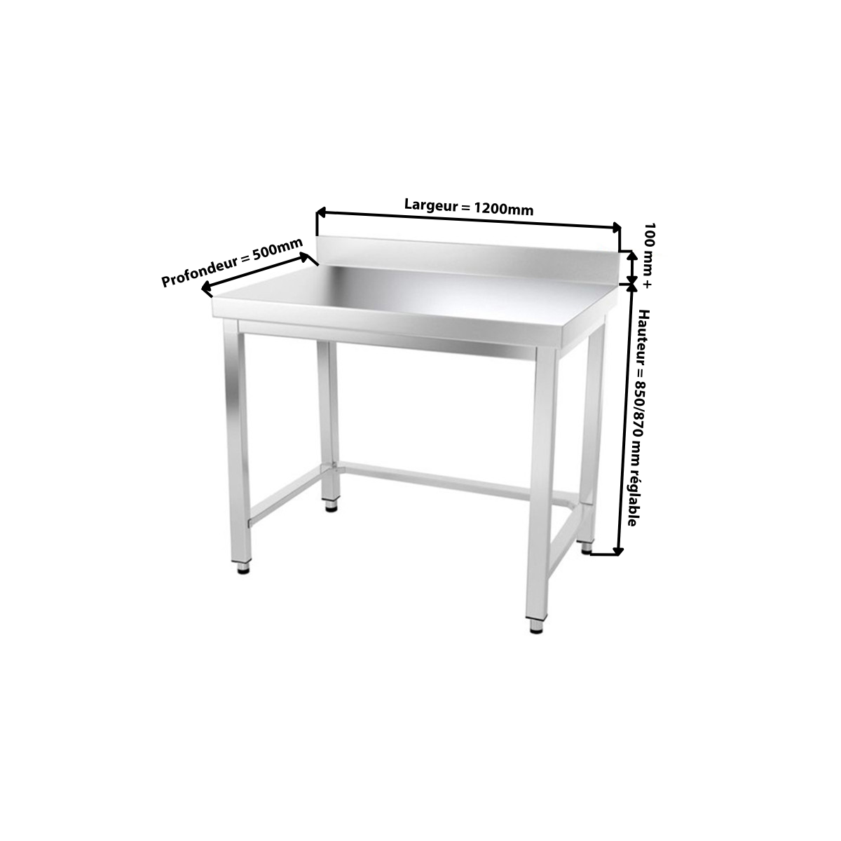 Table inox 1200 x 500 mm adossée avec renfort / GOLDINOX